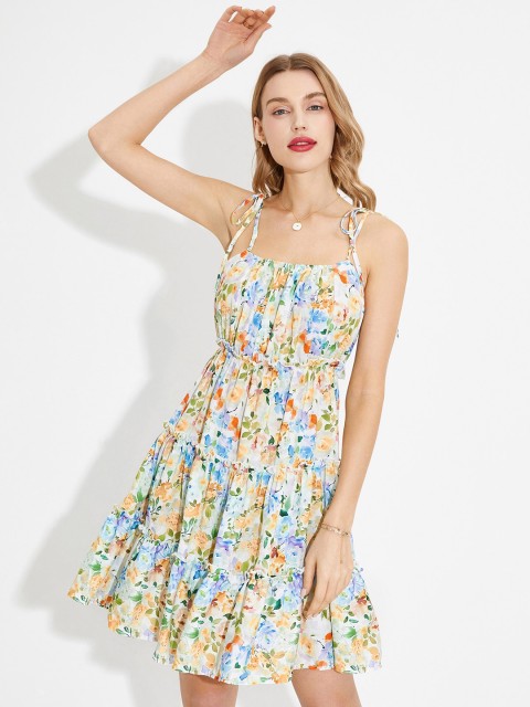 

URBANIC Green & Blue Floral Ruffled Fit & Flare Dress
