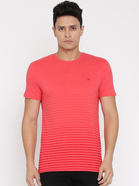 

United Colors of Benetton Men Coral Red Striped Round Neck T-shirt