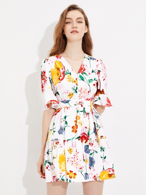 

URBANIC White & Red Floral Dress