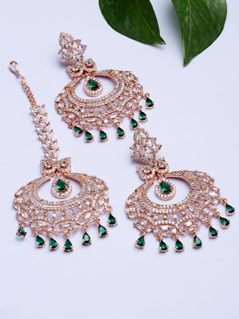 

KARATCART Rose Gold-Plated White & Green CZ Studded Jewellery Set