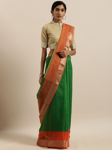 

SHAVYA Orange & Green Zari Pure Linen Ready to Wear Saree