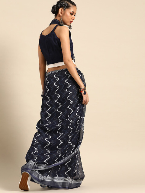 

SHAVYA Navy Blue Striped Jaali Pure Cotton Saree