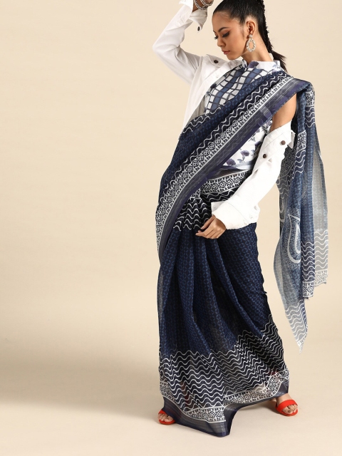 

SHAVYA Navy Blue & White Jaali Pure Cotton Saree