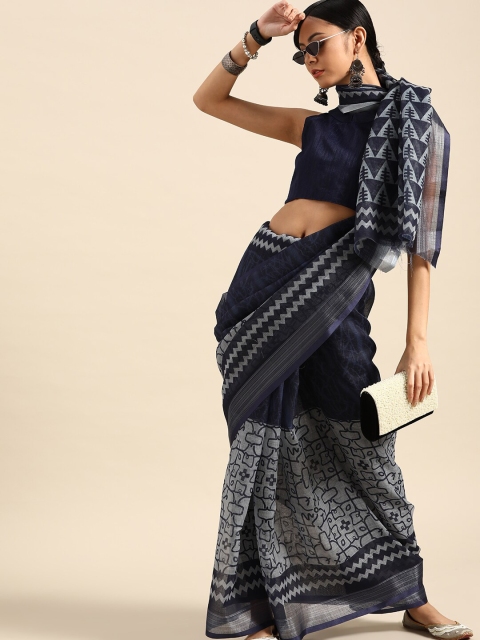 

SHAVYA Navy Blue Striped Jaali Pure Cotton Saree