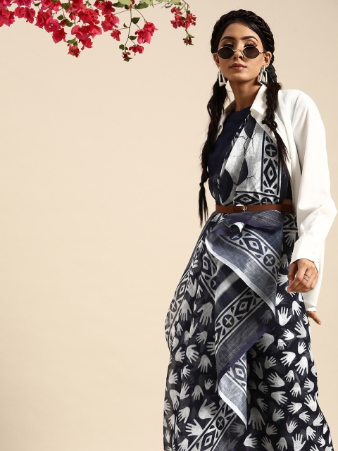 

SHAVYA Navy Blue & White Striped Jaali Pure Cotton Saree
