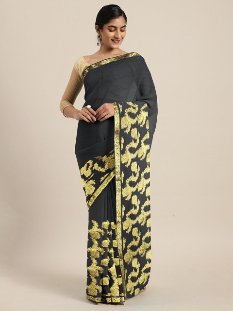 

SHAVYA Black & Yellow Embellished Zari Saree