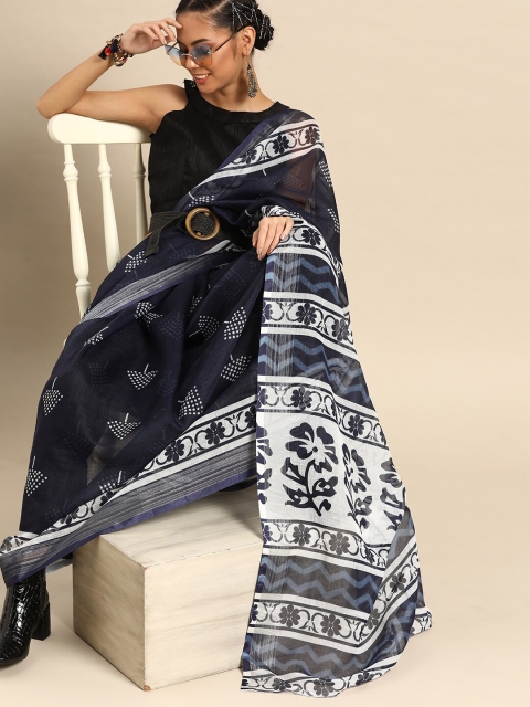 

SHAVYA Navy Blue & White Jaali Pure Cotton Saree
