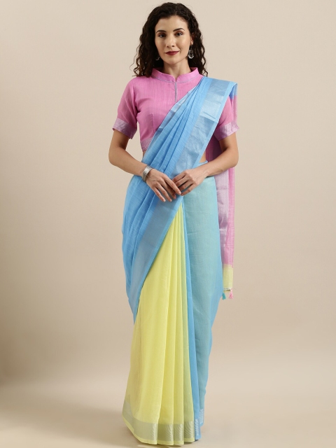 

SHAVYA Blue & Pink Zari Pure Linen Ready to Wear Saree