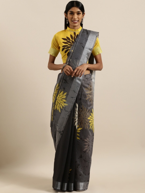 

SHAVYA Black & Yellow Floral Zari Pure Linen Ready to Wear Saree