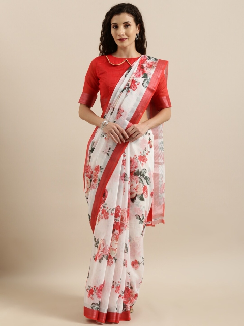 

SHAVYA White & Pink Floral Zari Pure Linen Ready to Wear Saree