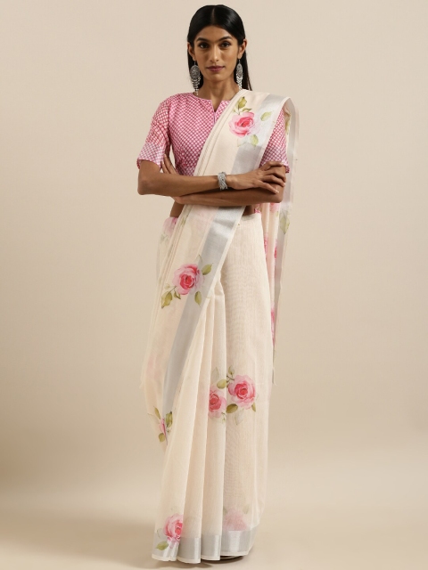 

SHAVYA Cream-Coloured & Pink Floral Zari Pure Linen Ready to Wear Saree