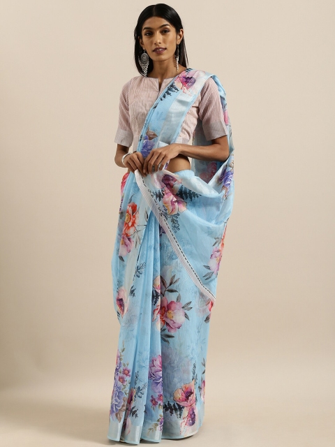 

SHAVYA Turquoise Blue & Pink Floral Zari Pure Linen Ready to Wear Saree