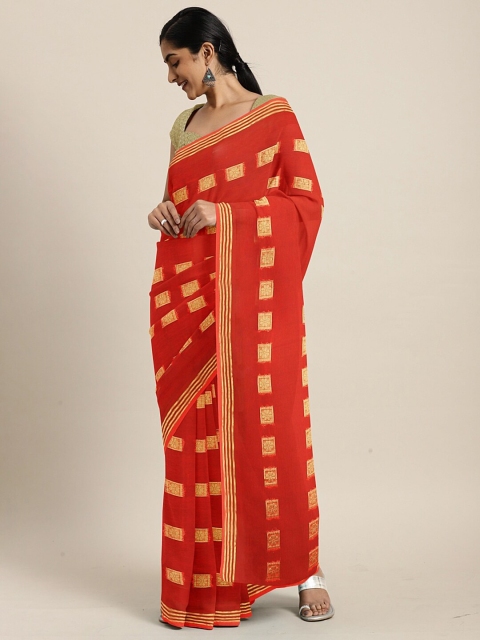 

SHAVYA Coral & Gold-Toned Embellished Zari Saree