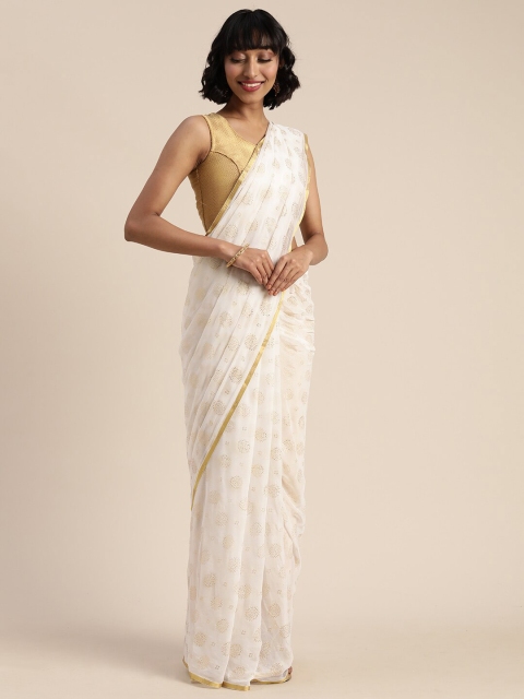 

SHAVYA White & Gold-Toned Embellished Zari Saree
