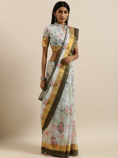 

SHAVYA Sea Green & Pink Floral Zari Pure Linen Ready to Wear Saree