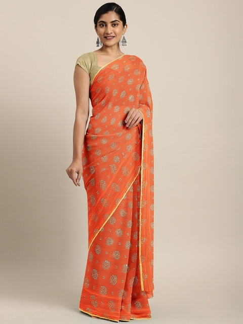

SHAVYA Orange & Gold-Toned Woven Design Zari Saree