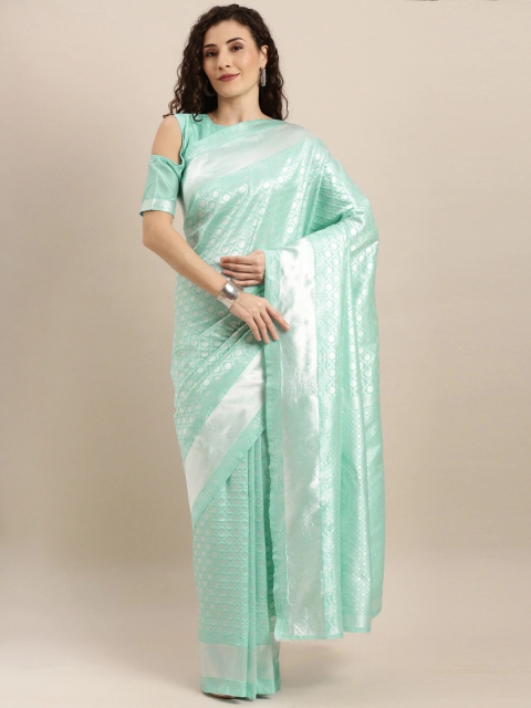 

SHAVYA Turquoise Blue & Silver-Toned Woven Design Zari Pure Silk Banarasi Saree