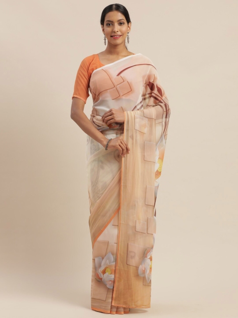 

SHAVYA Orange & Brown Floral Pure Georgette Saree