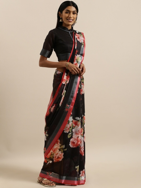 

SHAVYA Black & Red Floral Zari Pure Linen Ready to Wear Saree