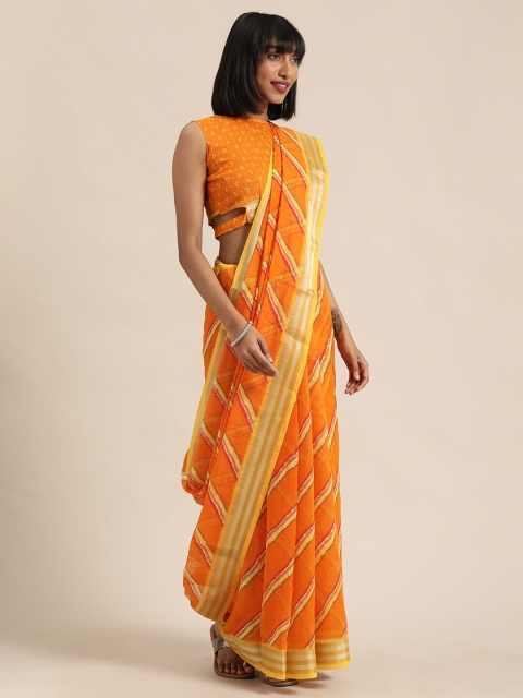 

SHAVYA Yellow & Gold-Toned Leheriya Zari Pure Linen Leheriya Saree