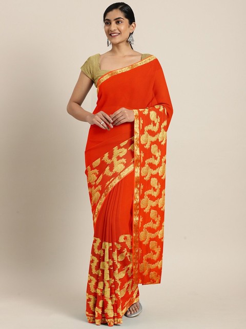 

SHAVYA Red & Yellow Embellished Zari Saree
