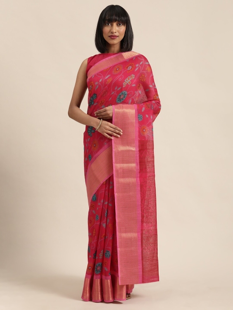 

SHAVYA Pink & Blue Batik Zari Pure Linen Saree