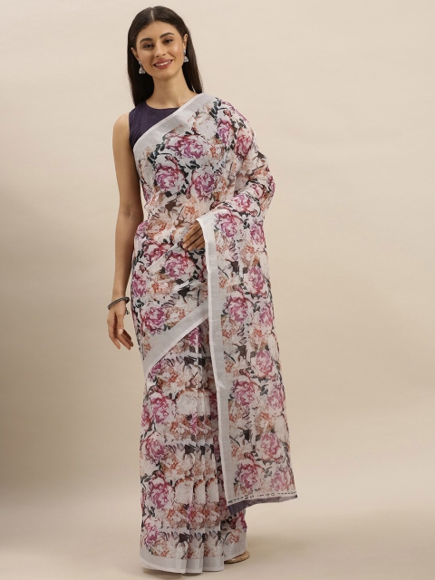 

SHAVYA White & Black Floral Zari Pure Linen Ready to Wear Saree