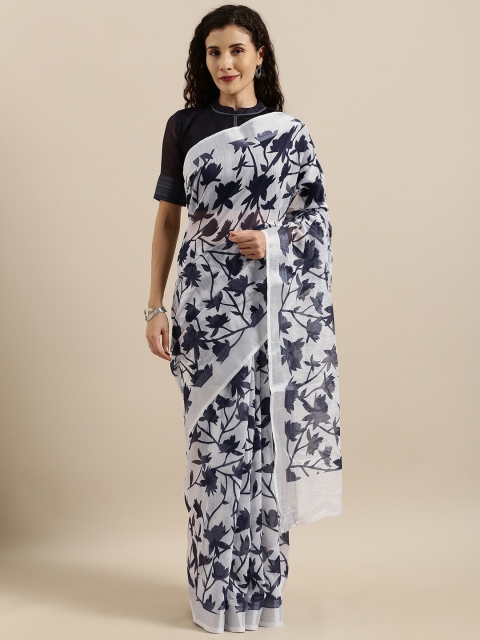 

SHAVYA White & Black Floral Zari Pure Linen Ready to Wear Saree