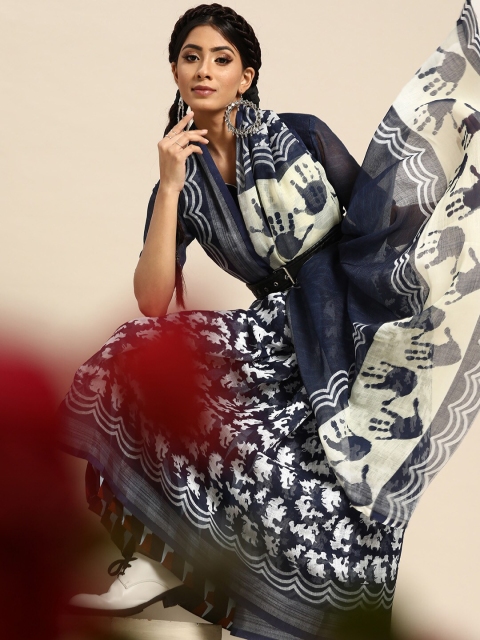 

SHAVYA Navy Blue & White Jaali Pure Cotton Saree