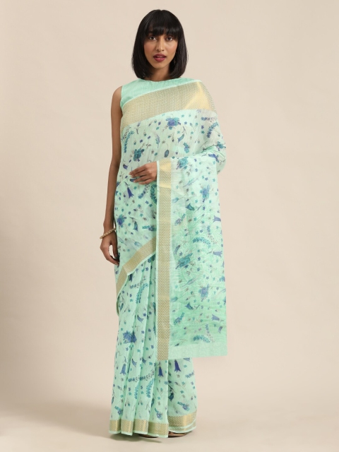 

SHAVYA Teal & Gold-Toned Woven Design Zari Pure Linen Saree