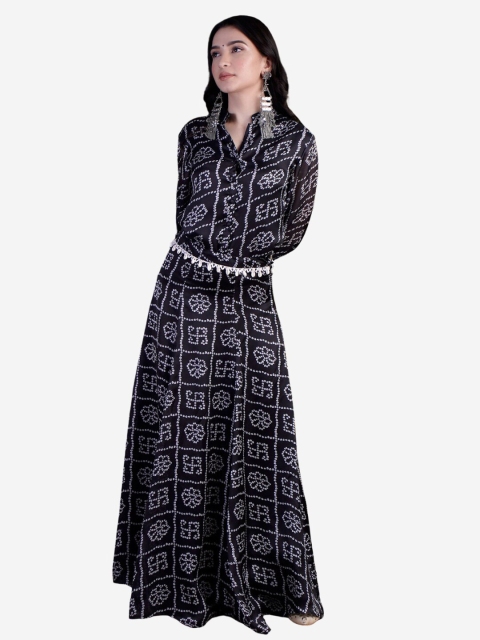 

Alaya By Stage3 Black Print Mandarin Collar Satin Maxi Longline Top