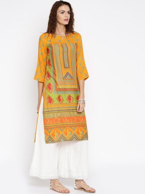 

Global Desi Women Yellow & Orange Printed Straight Kurta