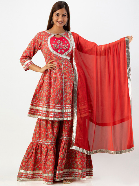 

KALINI Women Multicoloured Printed Angrakha Kantha Work Pure Cotton Kurti with Sharara, Multi