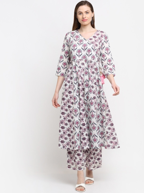 

KALINI Women White Printed Angrakha Pure Cotton Kurti with Palazzos