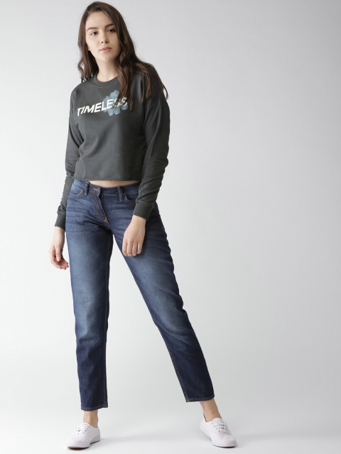 

Mast & Harbour Women Charcoal Grey Printed Crop Sweatshirt