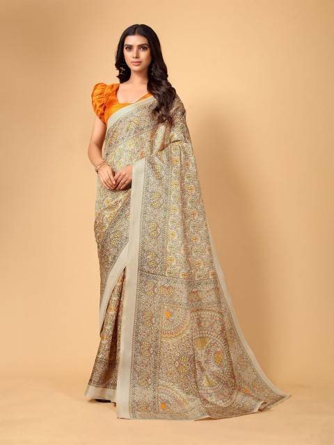 

KALINI Beige & Yellow Kalamkari Silk Blend Saree