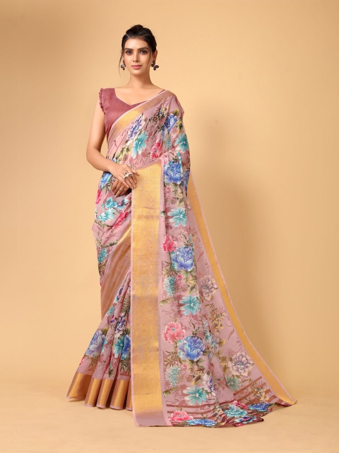 

KALINI Brown & Blue Floral Pure Linen Saree