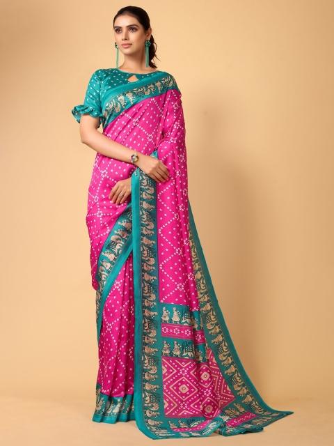 

KALINI Pink & Green Bandhani Silk Cotton Saree