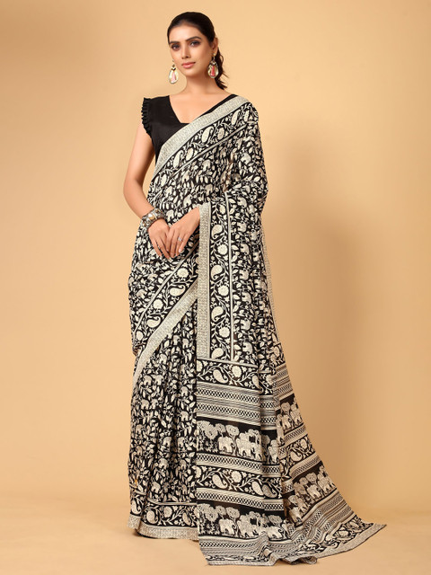 

KALINI Black & Beige Floral Silk Blend Saree