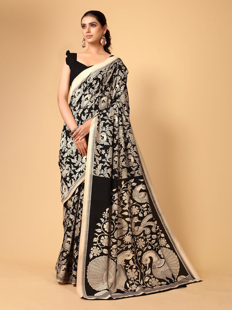 

KALINI Black & Cream-Coloured Kalamkari Silk Blend Saree