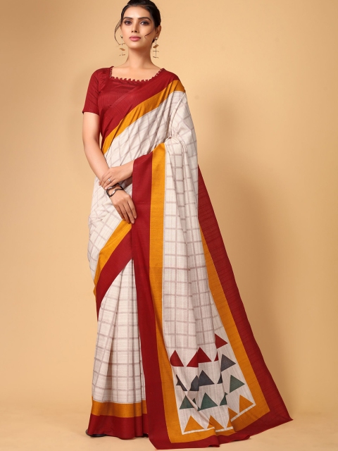 

KALINI Off White & Red Checked Silk Blend Saree