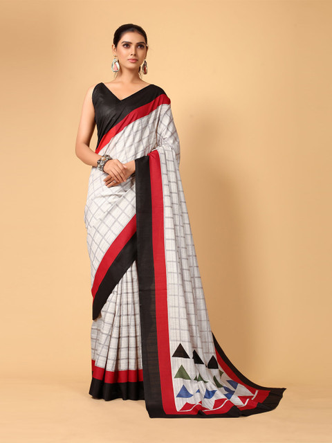 

KALINI Off White & Black Checked Silk Blend Saree