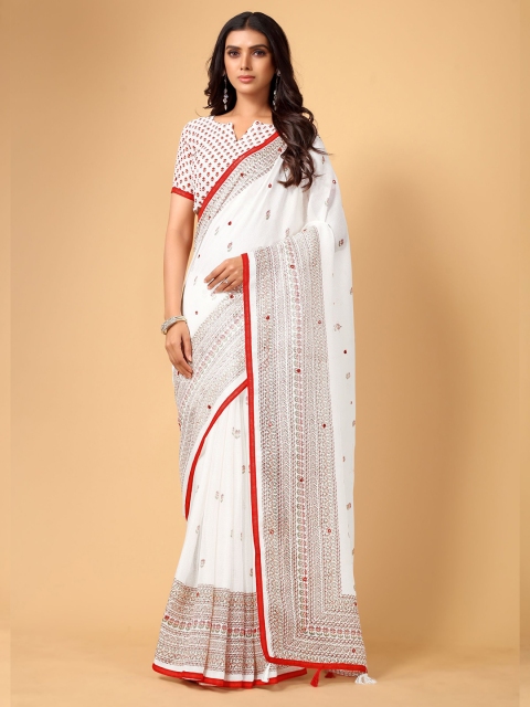 

KALINI White & Red Ethnic Motifs Jute Silk Saree