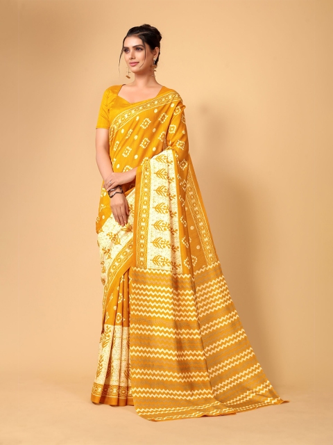 

KALINI Mustard & Cream-Coloured Dabu Silk Blend Saree
