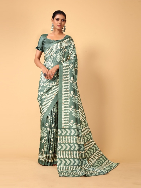 

KALINI Green & Cream-Coloured Batik Art Silk Saree
