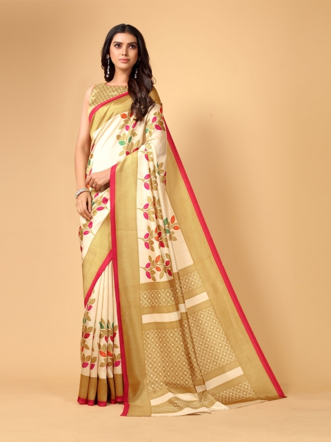 

KALINI Cream-Coloured & Red Floral Silk Blend Saree