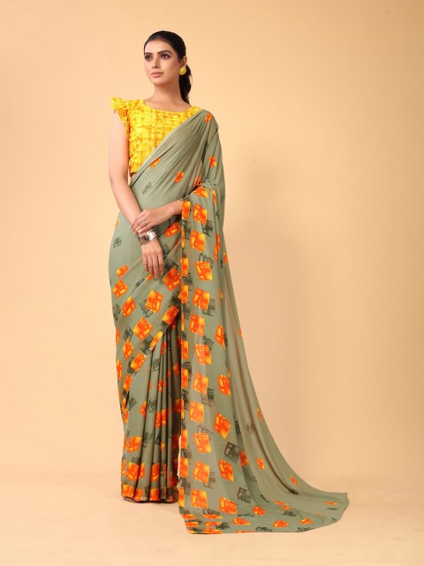 

KALINI Olive Green & Orange Checked Pure Georgette Saree