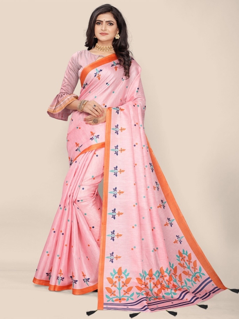 

DIVASTRI Peach-Coloured & Orange Floral Art Silk Khadi Saree