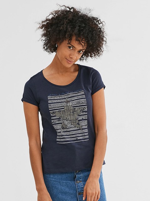 

ESPRIT Women Navy Printed Round Neck T-shirt, Navy blue