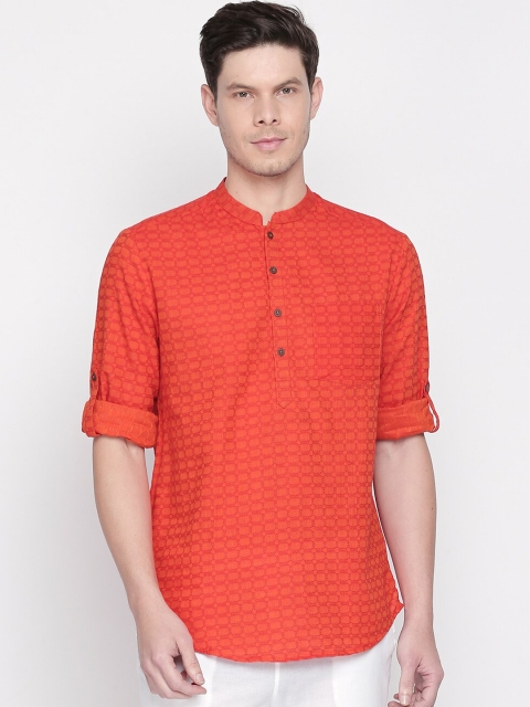 

indus route by Pantaloons Men Rust Geometric Thread Work Dobby Pathani Kurta